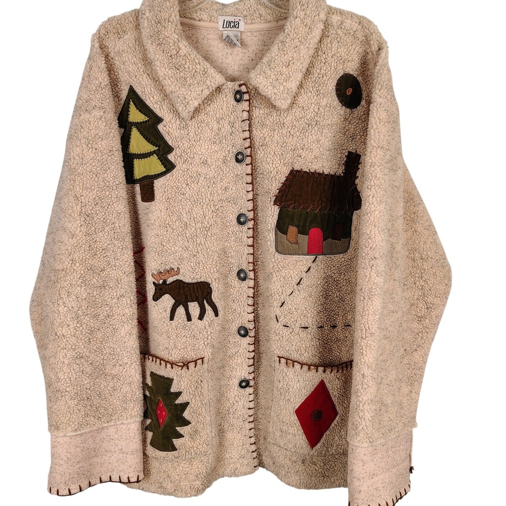 Lucia Womens L Fleece Cabin Jacket Beige Sherpa Moose Tree Cabincore Gorpcore
